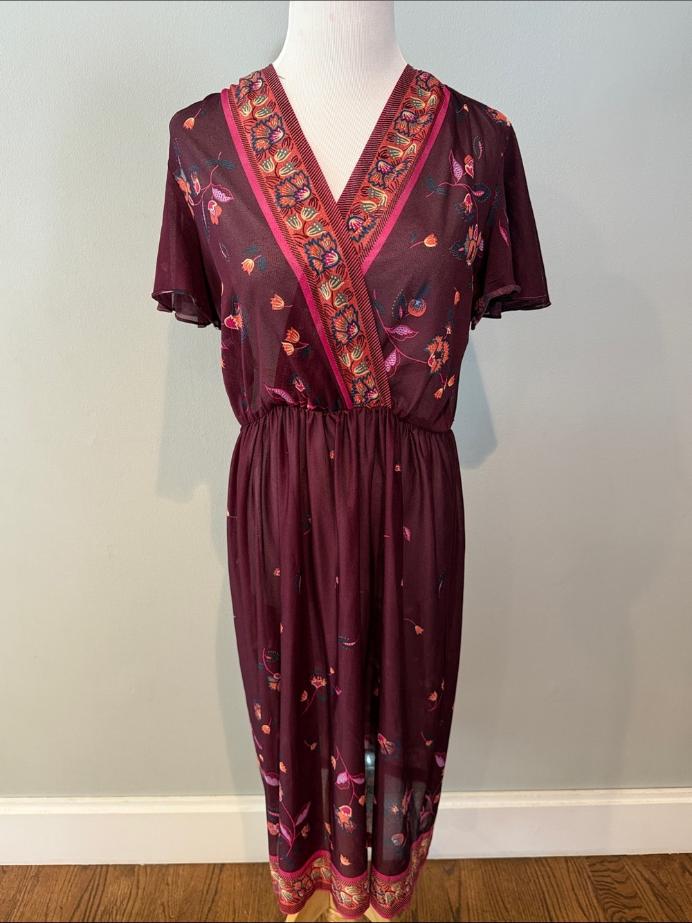 Vintage Burgundy Floral Wrap-Style Midi Dress- Small / Medium